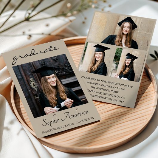 Modern Typography 3 Photo Collage Graduation Party 招待状