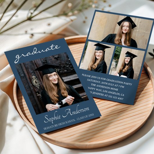 Modern Typography 3 Photo Collage Graduation Party 招待状