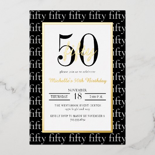 Modern Typography 50th Birthday Party Black Gold  箔招待状 (正面)