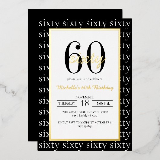 Modern Typography 60th Birthday Party Black Gold 箔招待状 (正面/裏面)