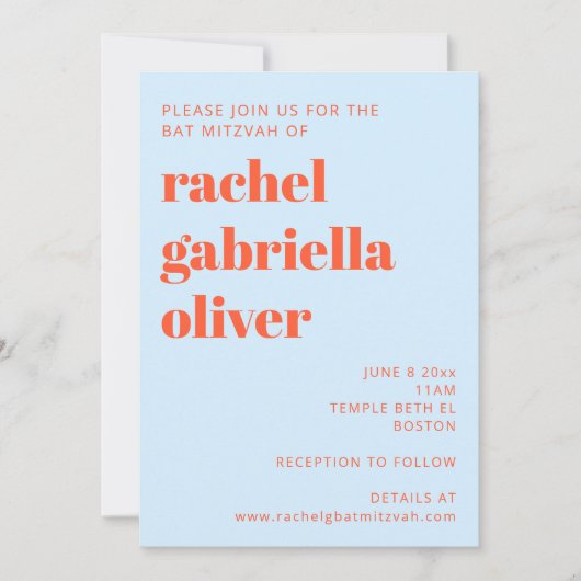 Modern Typography Cool Blue Orange Bat Mitzvah 招待状 (正面)