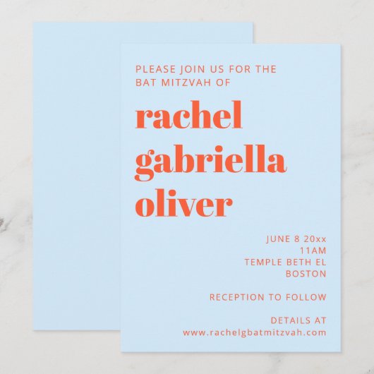 Modern Typography Cool Blue Orange Bat Mitzvah 招待状 (正面/裏面)