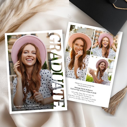 Modern Typography Graduate 3 Photo Collage 招待状