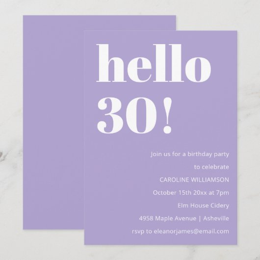 Modern Typography Lavender 30th Birthday Party 招待状 (正面/裏面)