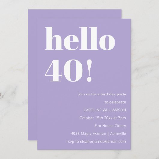Modern Typography Lavender 40th Birthday Party 招待状 (正面/裏面)