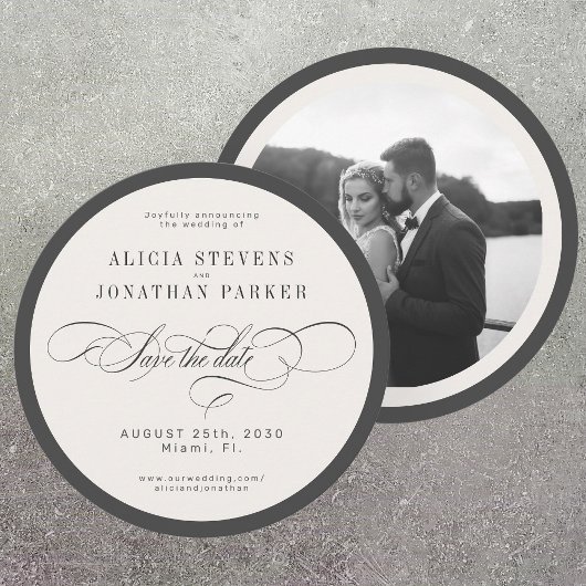 Modern typography photo wedding round circle セーブザデート