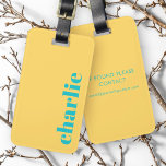 Modern typography yellow and teal ラゲッジタグ<br><div class="desc">Modern,  minimal luggage tag with your custom name or text aligned vertically to the right on a yellow background.</div>