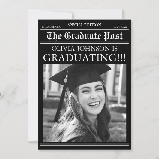 Modern Unique Fun Photo Newspaper Graduation 招待状 (正面)