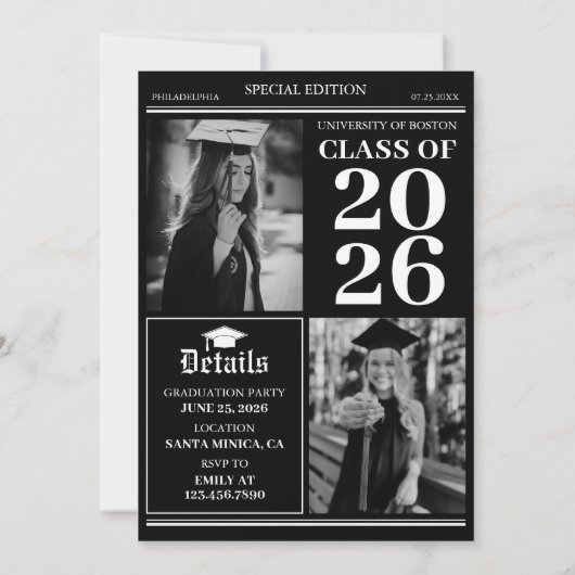 Modern Unique Fun Photo Newspaper Graduation 招待状 (裏面)