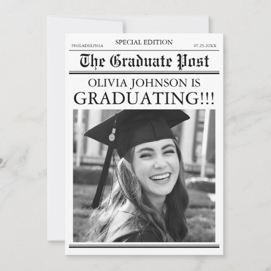 Modern Unique Fun Photo Newspaper Graduation 招待状 (正面)