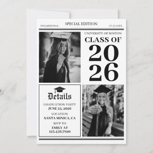 Modern Unique Fun Photo Newspaper Graduation 招待状 (裏面)