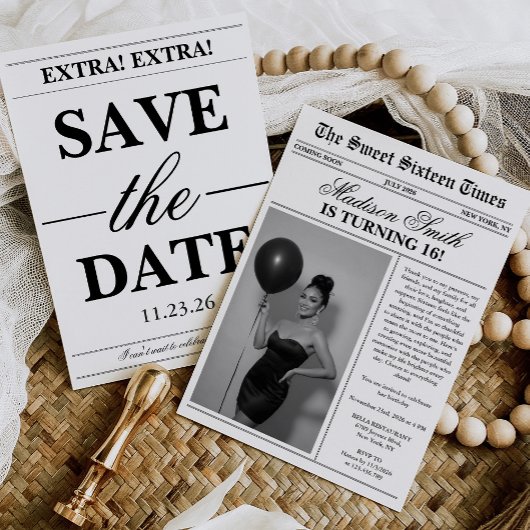 Modern Unique Newspaper Photo Sweet 16 招待状