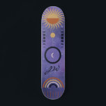 Modern Urban Purple Sun Star Rainbow Girly スケートボード<br><div class="desc">Urban purple girly design for those that love to get on their board and hit the pavement,  sidewalk or half pipes. Celestial theme with moons,  rainbow sun and stars. Monogrammed initial adds a personal touch to this deck board.</div>