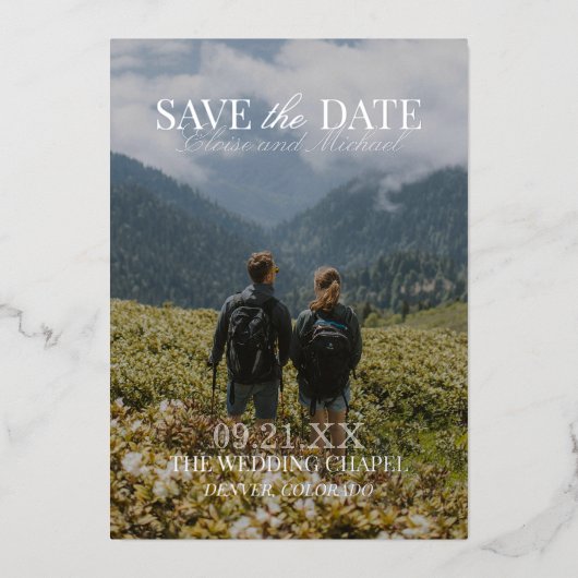 Modern Vertical Double-sided Photo Save The Date 箔招待状 (正面)