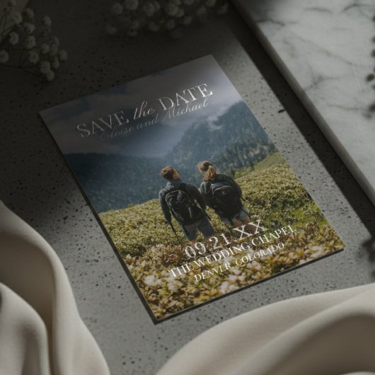 Modern Vertical Double-sided Photo Save The Date 箔招待状
