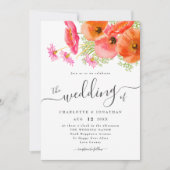 Modern Vibrant Pink Orange Floral Wedding QR Code 招待状 (正面)