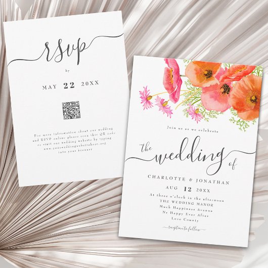 Modern Vibrant Pink Orange Floral Wedding QR Code 招待状