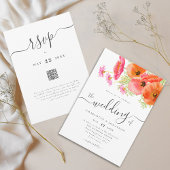 Modern Vibrant Pink Orange Floral Wedding QR Code 招待状