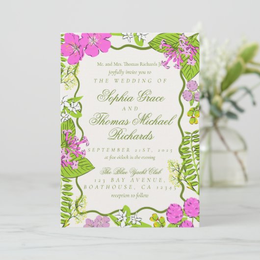 Modern Vibrant Tropical Botanical Wedding 招待状 (スタンド正面)