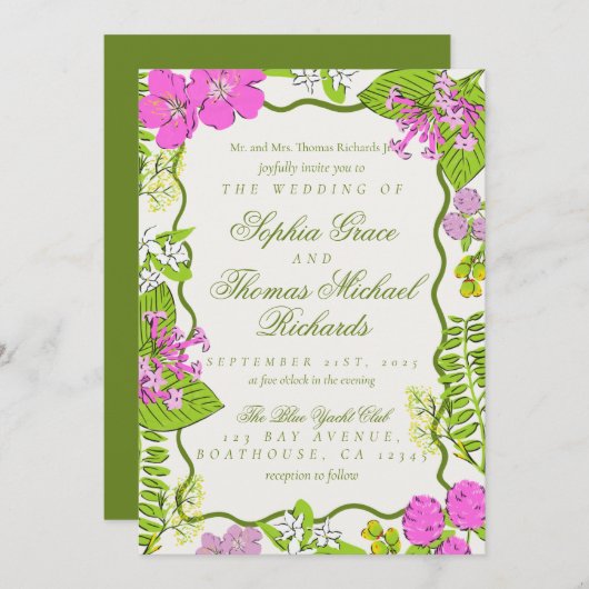 Modern Vibrant Tropical Botanical Wedding 招待状 (正面/裏面)