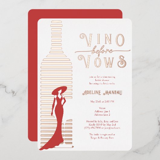 Modern Vino before Vows ワイン ブライダルシャワー ローズ 箔招待状 (正面/裏面)