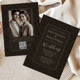 Modern Vintage Black Brown Wedding Invite QR Code 招待状