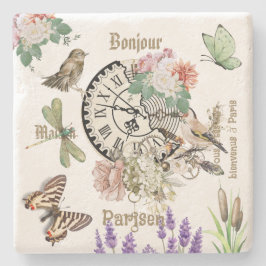 Modern vintage botanical and illustrations Bonjour ストーンコースター