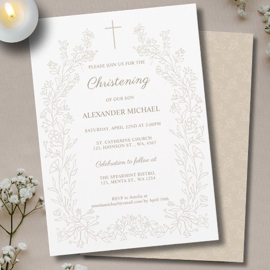 Modern Vintage Floral Christening Baptism 招待状