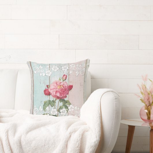 Modern vintage rustic wood Pink flowers Trendy クッション (ソファ)