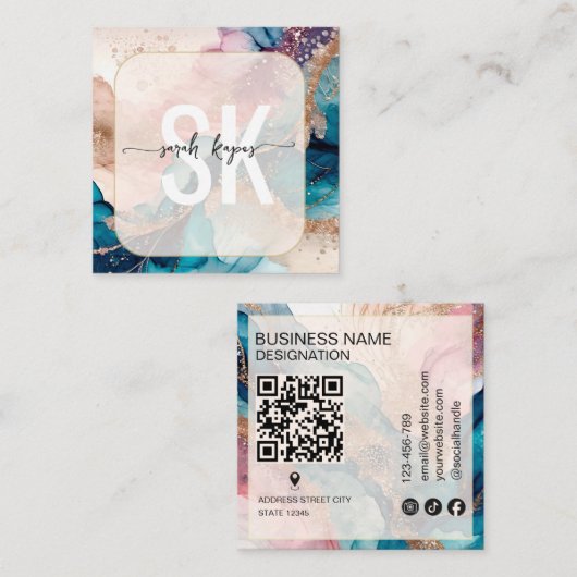 Modern Watercolor and Gold Foil  monogram Qr Code スクエア名刺 (正面/裏面)