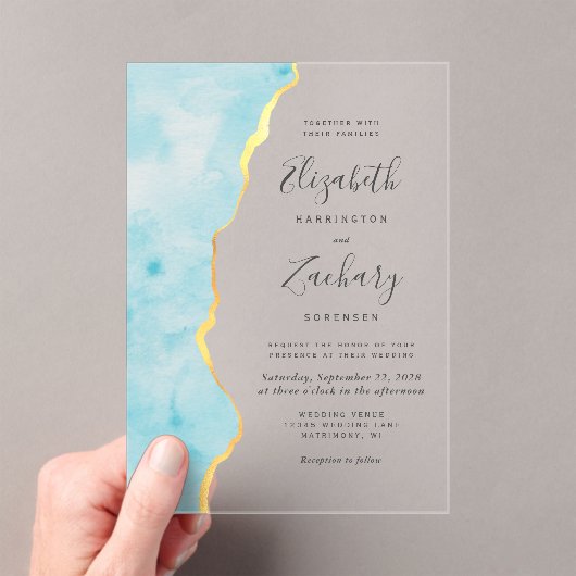 Modern Watercolor Aqua Blue Agate Wedding アクリル招待状 (インサイチュ (ポータブル))