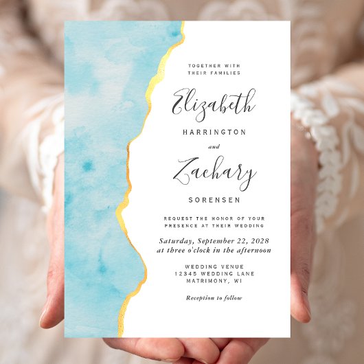 Modern Watercolor Aqua Blue Agate Wedding 招待状