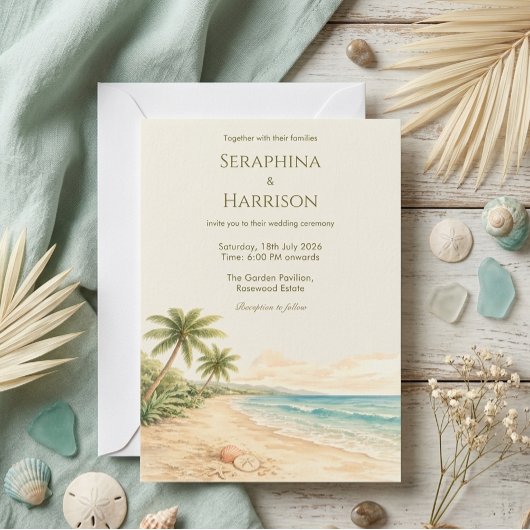 Modern Watercolor Beach Destination Wedding  招待状