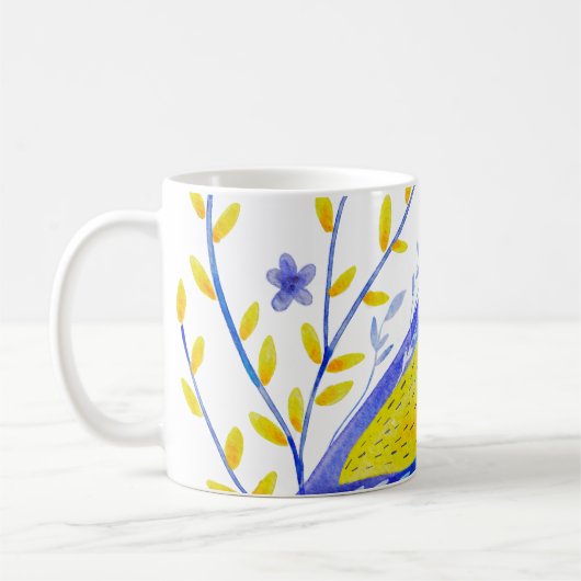 Modern Watercolor Blue and Yellow Bird Art コーヒーマグカップ (左)