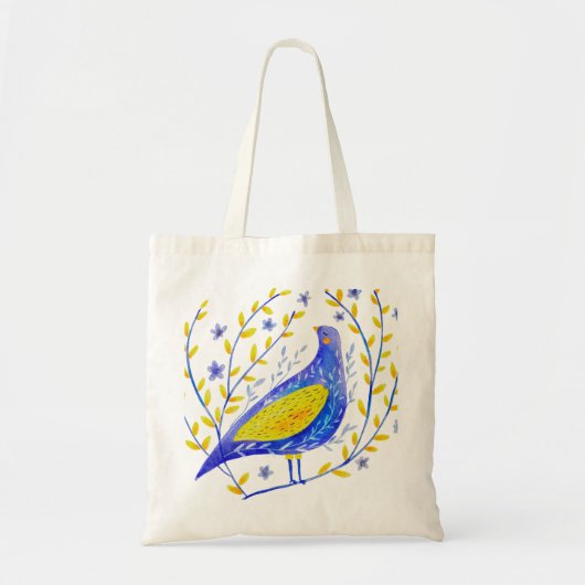 Modern Watercolor Blue and Yellow Bird Art トートバッグ (正面)