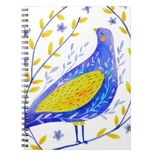 Modern Watercolor Blue and Yellow Bird Art ノートブック (正面)