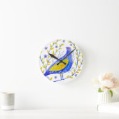 Modern Watercolor Blue and Yellow Bird Art ラウンド壁時計 (ホーム)