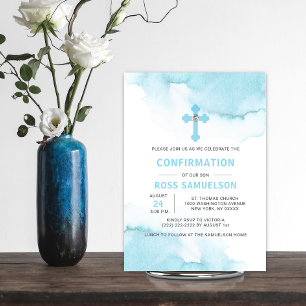 Modern Watercolor Blue BOY Holy Confirmation 招待状