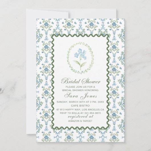 Modern Watercolor Blue flowers Bridal ShInvitation 招待状 (正面)
