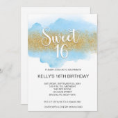 Modern Watercolor Blue Sweet 16 Sixteen 招待状 (正面/裏面)