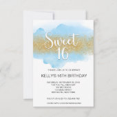 Modern Watercolor Blue Sweet 16 Sixteen 招待状 (正面)