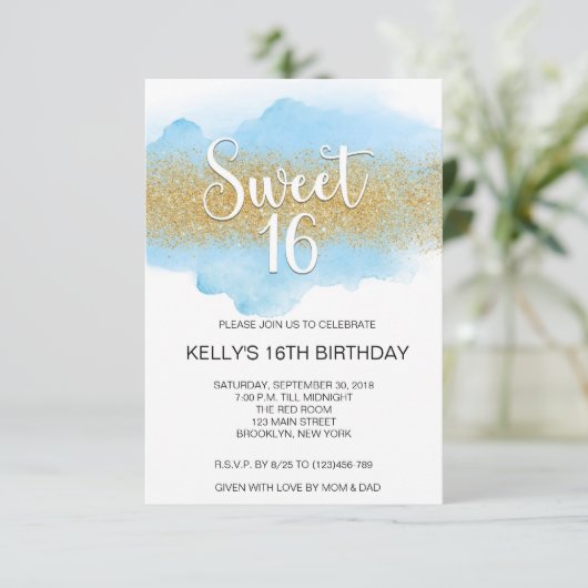 Modern Watercolor Blue Sweet 16 Sixteen 招待状 (スタンド正面)