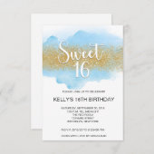 Modern Watercolor Blue Sweet 16 Sixteen 招待状 (正面/裏面)