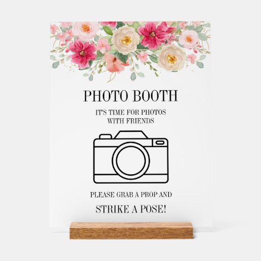 Modern Watercolor Bright Pink Floral Photo Booth  アクリルサイン (正面)