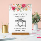 Modern Watercolor Bright Pink Floral Photo Booth  アクリルサイン (ウェディング)