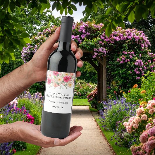 Modern Watercolor Bright Pink Floral Wedding ワインラベル