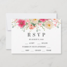 Modern Watercolor Bright Pink Floral Wedding 出欠カード