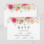 Modern Watercolor Bright Pink Floral Wedding 出欠カード (正面/裏面)