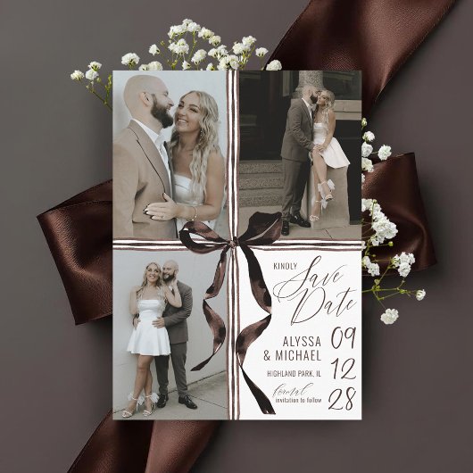 Modern Watercolor Brown Bow 3 Multi-Photo Wedding セーブザデート