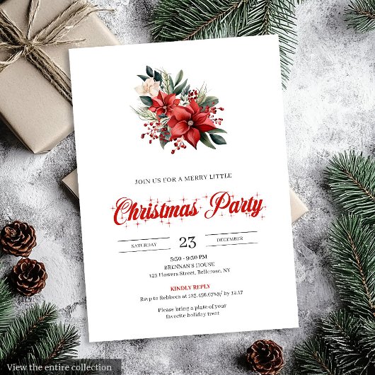 Modern Watercolor Christmas Flowers Festive Invite 招待状